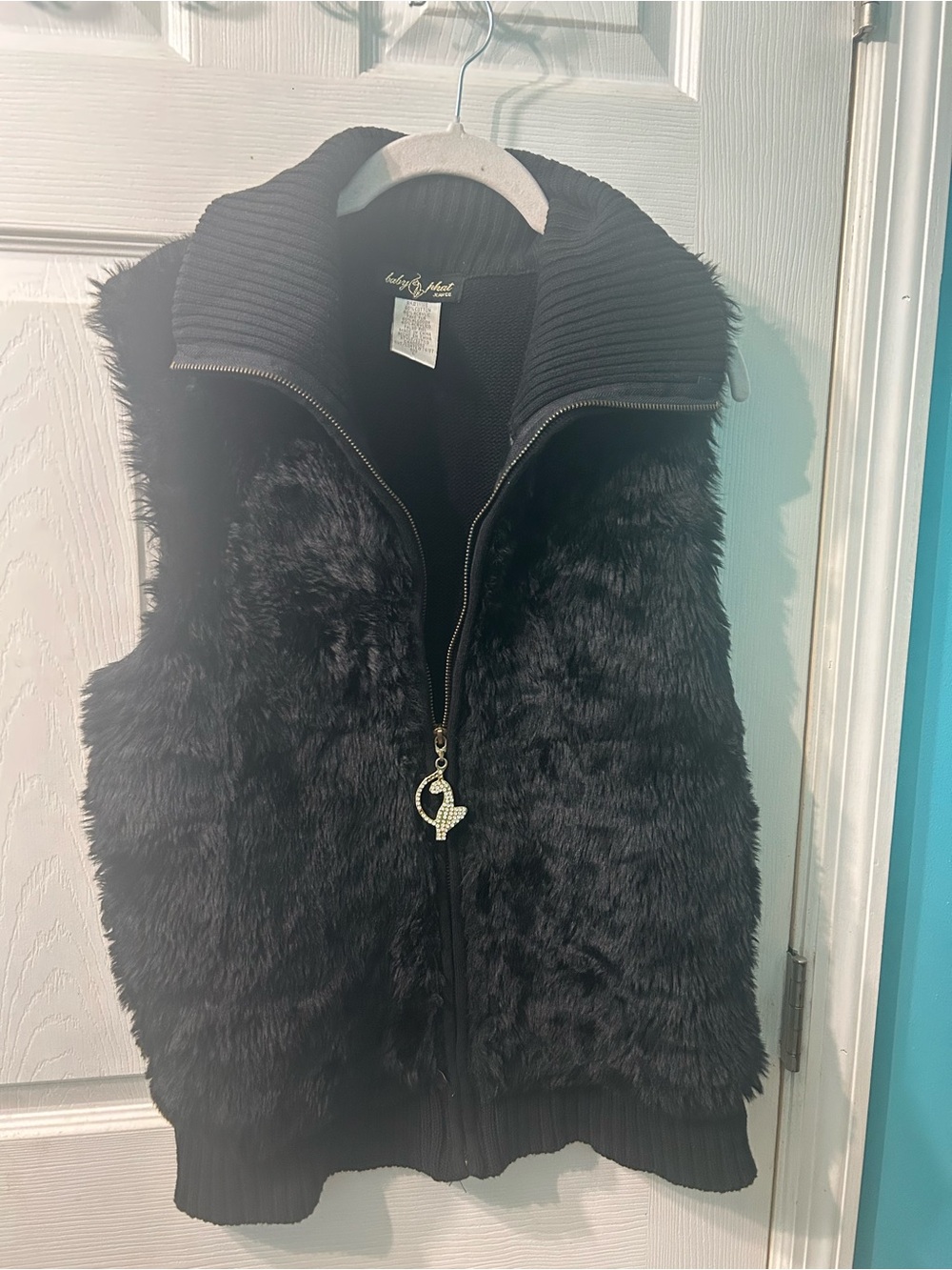 Baby Phat Black Faux Fur Zip-Up Vest with Ribbed Collar